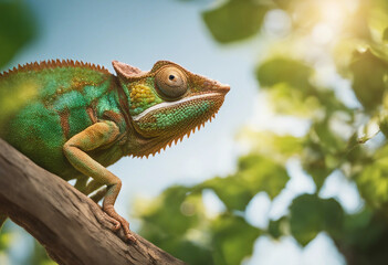 A chameleon blending into the foliage, midday sun
