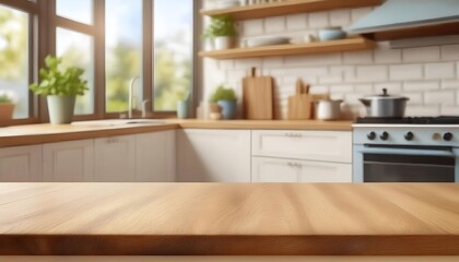 Kitchen wood table top for product display with blurred modern interior.