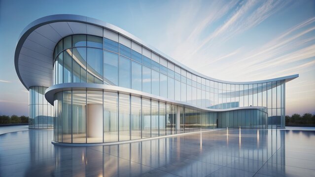 Modern curved glass building stands alone on sleek white cement floor against a pristine white background, exuding minimalist elegance.