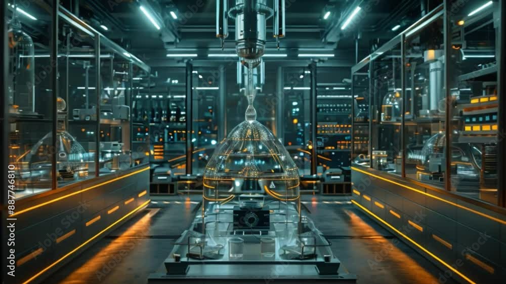 Poster a futuristic laboratory featuring robotic systems and advanced technology within glass enclosures.