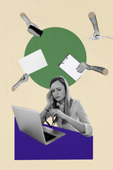 Vertical photo collage of upset businesswoman workload helpline service telephone iphone devices...