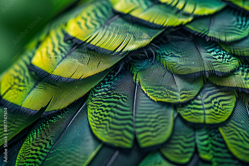 Poster a close up of the texture and pattern on an exotic bird feather, highlighting its green hues and bla