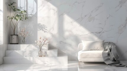 Bright and Airy Living Room With Marble Walls and Stylish Furnishings