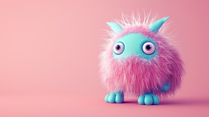 Fototapeta premium A 3D rendering of a cute, fluffy monster in pink and blue.