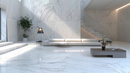 Bright and Airy Modern Living Room Interior Design with Marble Walls and Floors
