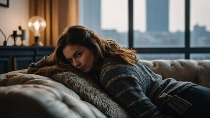 A woman in a striped sweater lounges on a comfortable sofa in a cozy apartment, with a cityscape visible through the windows.

