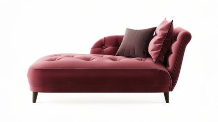 Fototapeta premium Elegant Maroon Chaise Lounge Chair with Cushions on White Background
