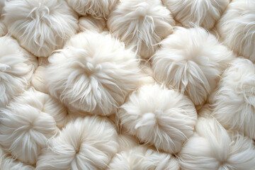 Beautiful texture of white wool, background with fluffy balls of cotton candy, top view.