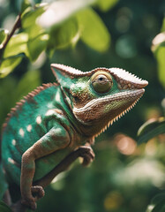 Obraz premium A chameleon blending into the foliage, midday sun 