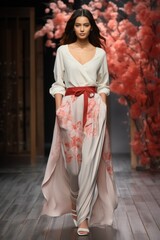 Model walks fashion week catwalk runway show, casual flowing outfit with white top and free trousers