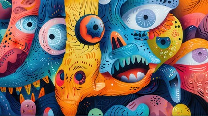Fototapeta premium Vibrant Abstract Graffiti Art with Colorful Faces and Eyes in a Surreal Style