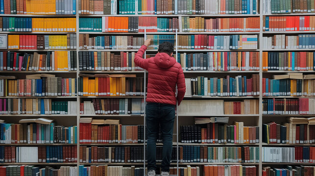 A man reaching for books on a high shelf in a well-organized library, highlighting the pursuit of knowledge and learning.