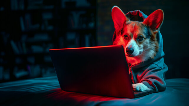 pembroke corgi dog in black hoodie with laptop isolated dark background pink neon lighting hacker cyber security working from home online shopping