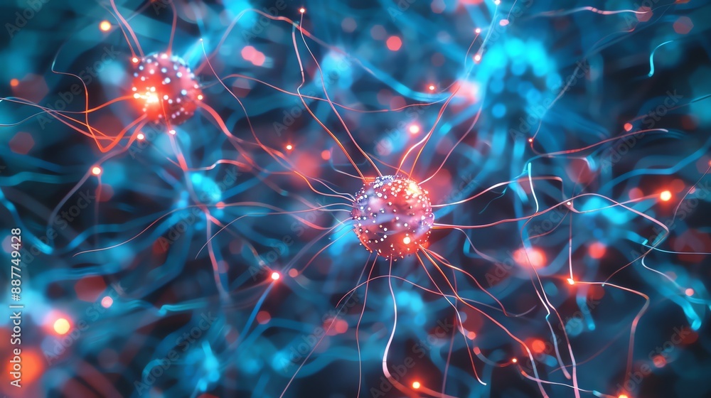 Poster a digitally rendered image of a network of neurons.