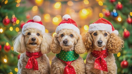 Fototapeta premium Adorable trio of curly coated poodles wearing Santa hats and scarves posing on festive holiday background with decorated trees.