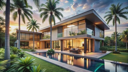 Exquisite modern villa with sleek lines, vast windows, and lush greenery, nestled among majestic palm trees in a serene landscape.