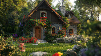Fototapeta premium A charming, rustic cottage with stone or wooden exterior, nestled in a picturesque countryside setting with colorful flowers and greenery