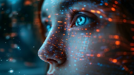 A close-up image of a persons face with futuristic biosensors overlayed, showcasing a vision of advanced health monitoring technology.