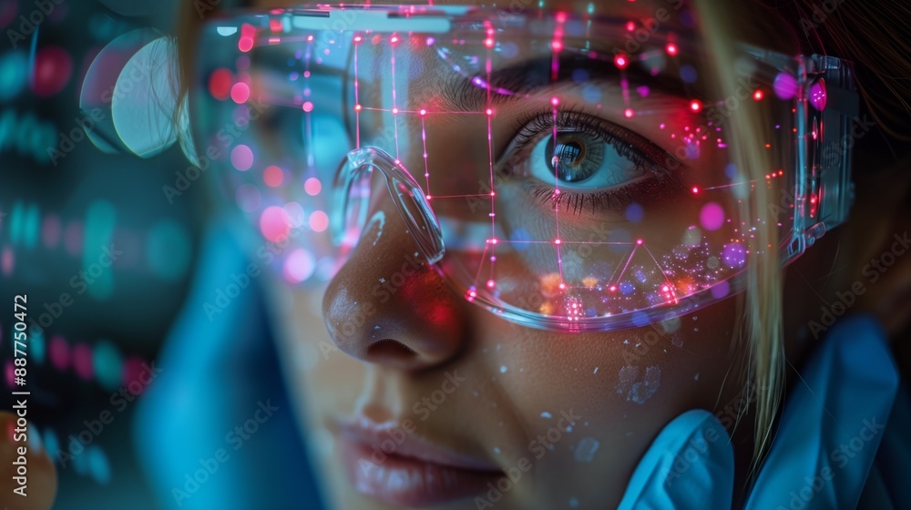 Poster a scientist wearing safety glasses looks at a computer screen with data displayed.