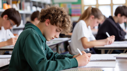 A classroom filled with students concentrating on their exams, highlighting academic diligence and focus.