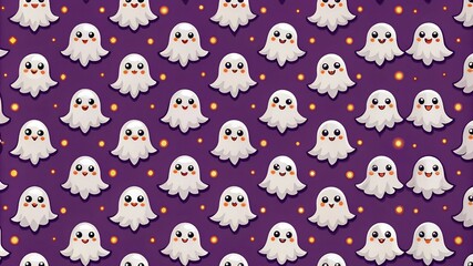 Halloween ghost seamless pattern background. Holidays cute ghost cartoon character. purple background.