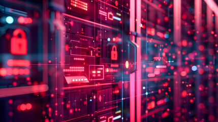 A cyber security interface with glowing neon padlock symbol on servers