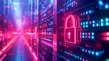 Obraz premium A cyber security interface with glowing neon padlock symbol on servers