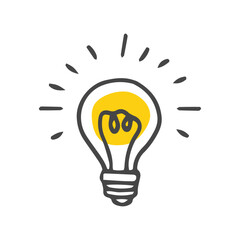 Fototapeta premium Vector illustration of light bulb with rays shines. Doodle style. Flat style. Hand-drawn style. Symbol of creativity, innovation, inspiration, invention and idea.