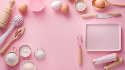 Fototapeta premium Flat lay of baking ingredients and utensils on pastel pink background.