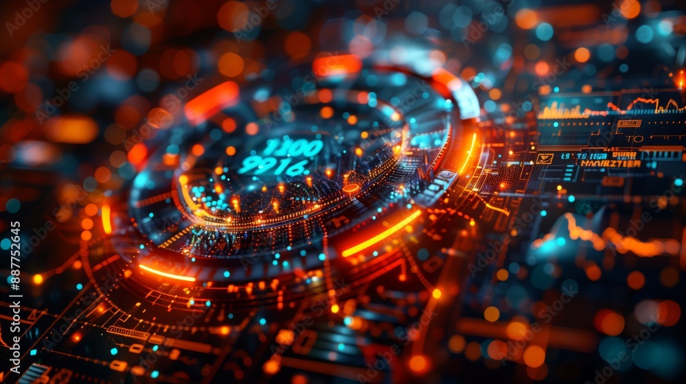 Poster a close-up of a futuristic digital display with glowing lights and data points, suggesting the poten