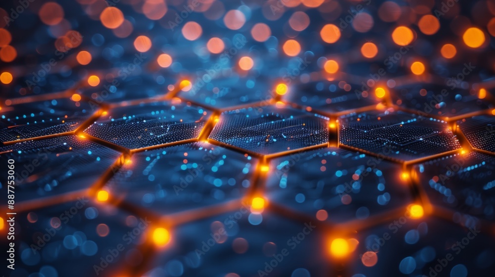 Poster a close-up image of a hexagonal grid with glowing orange lights.