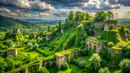 Obraz premium Lush landscape with overgrown fortification
