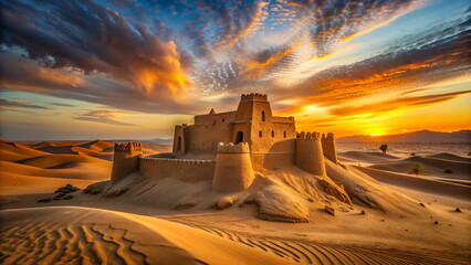 Stronghold in sandy landscape at dusk