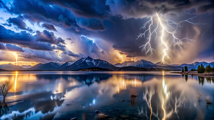 winter landscape panorama with thunderstorms and lightning in night sky in nature