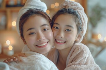 Mother and daughter enjoying a relaxing spa day together, with both receiving a rejuvenating massage in a serene environment. The spa room is adorned with calming decor, soft lighting, and aromatic