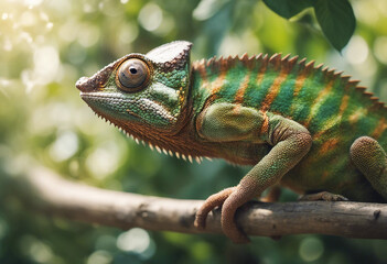 A chameleon blending into the foliage, midday sun
