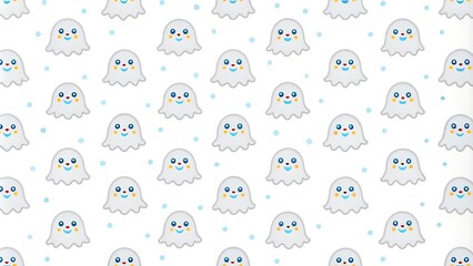 Fototapeta premium Halloween ghost seamless pattern background. Holidays cute ghost cartoon character. blue background