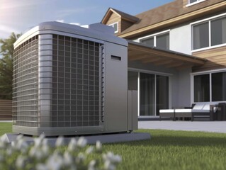 Heat pump outside the home, green technology concept