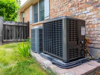 Heat pump outside the home, green technology concept