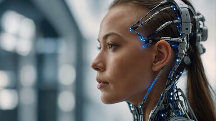 A close-up of a cyborg woman with advanced technological implants and glowing blue circuits, showcasing the integration of technology and human features in a futuristic environment.

