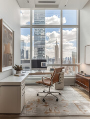minimalist home office with a spacious white desk, ergonomic chair, and large windows with cityscape views