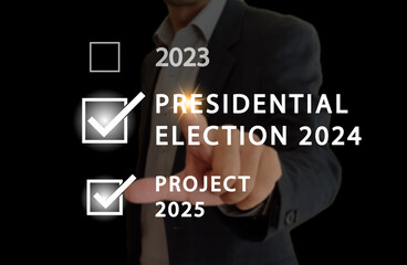 bussiness man  touching virtual screen showing concept of electronic voting and text written 