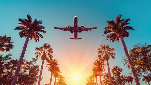 Airplane flying above palm trees in clear sunset sky with sun rays