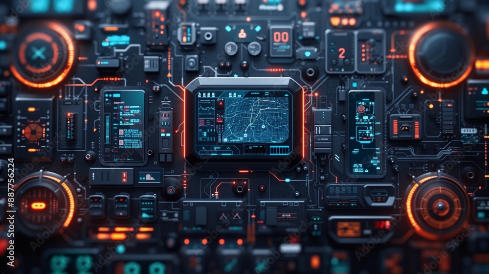 Poster a futuristic smart home interface displays data visualizations and control panels, including a centr