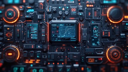 A futuristic smart home interface displays data visualizations and control panels, including a central map with real-time information from wearable biosensors.