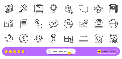 Reward, Creative idea and Dollar money line icons for web app. Pack of Instruction info, Energy inflation, Dollar rate pictogram icons. Globe, Timer, Checklist signs. Student. Search bar. Vector