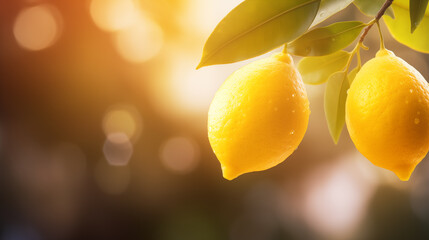 Two ripe lemons on a lemon tree