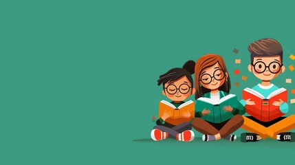 Cartoon illustration of three diverse kids reading books with copy space.