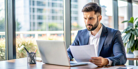 Fototapeta premium Focused Businessman Reviewing Documents at Office Desk. A serious businessman in a suit intently reviews documents while working on his laptop in a bright, modern office.