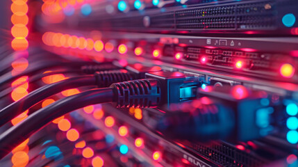 Fototapeta premium Hosting Internet Content Data Center Rack Network Cable Connections Server Hardware. Concept Data Network Cabling